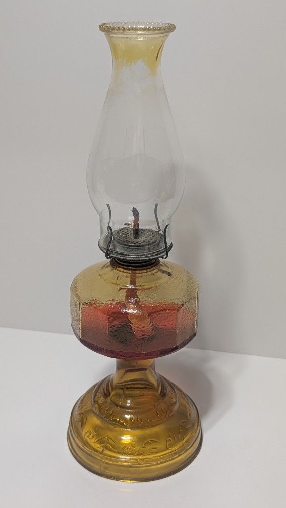 Vintage Amber and Red Swirl Glass Hurricane Oil Lamp with Textured Octagon Base