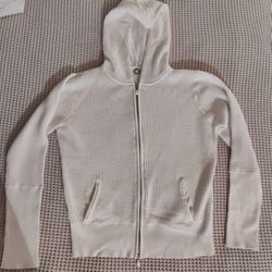 One Girl Who..White Waffle Knit Zip Hoodie/Sweater! Women's Size L. Fits like S/M.