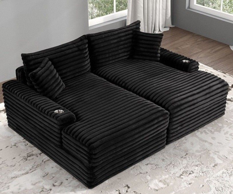 Brand New Black Super Plush Double Chaise Sofa 