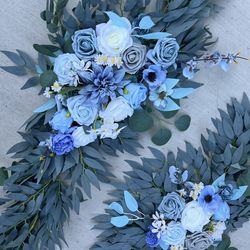 White and blue wedding arch garlands faux artificial flowers arrangement decoration