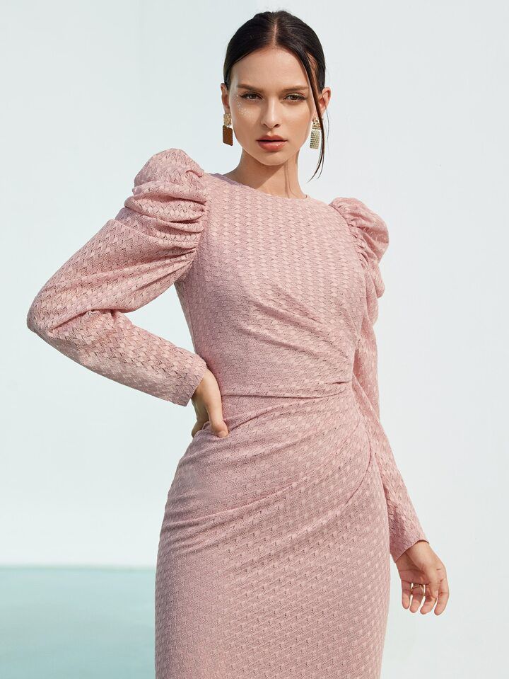 Pink Gigot sleeve Hem Lace Maxi Dress