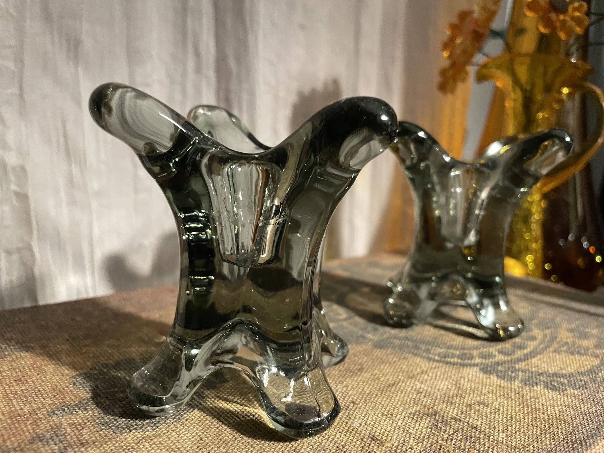 Beautiful Black Smoke Art Glass 🕯️ 🕯️ Holders Set of 2