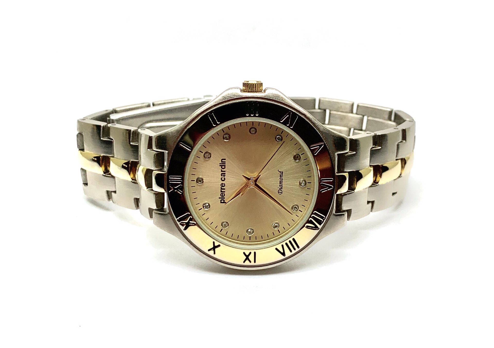 Vintage Mens PIERRE CARDIN Diamond Dial Watch - Two Tone Yellow & White - RUNNING GREAT!