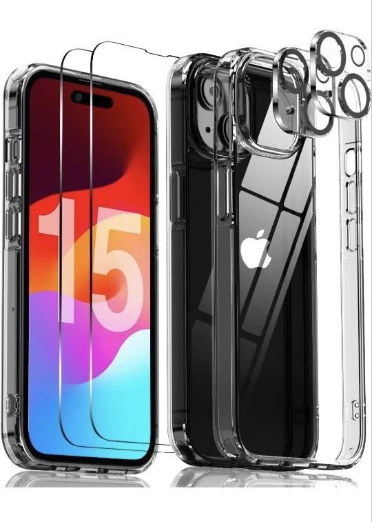 Brand New 5 in 1 for iPhone 15 Case, with 2 Tempered Glass Screen Protector + 2 Camera Lens Protector, Phone Case 6.1 Inch [ Anti-Scratch Full-Body