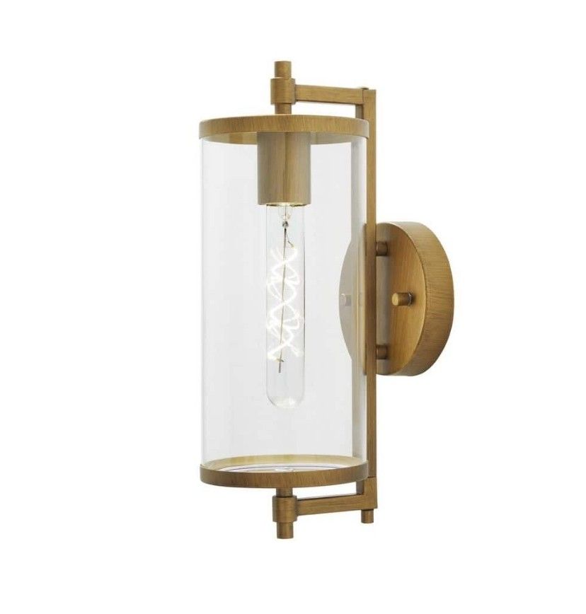 Lurelane 14 in. Medium Modern 1-Light Antique Brass Hardwired Outdoor Cylinder Wall Lantern Sconce

