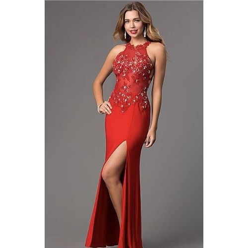 DANCING QUEEN Red Mesh Lace Cutout Gemstone High Neck Formal Prom Gown Dress