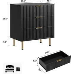 Black 3 Drawer Dresser for Bedroom - Fluted Modern Nightstand with Deep Drawers - Chest of Drawers with Wide Top - Wooden Dresser Organizer - Side Tab