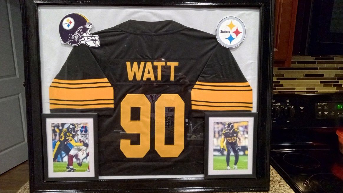TJ WATT OF THE PITTSBURGH STEELERS CUSTOM STITCHED FRAMED JERSEY.