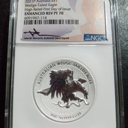 2021P Australia S$1 Wedge Tailed Eagle High Relief ENHANCED REV PF 70 - Mercanti Hand Signed 