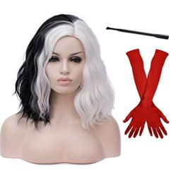 Black White Wigs For Cruella Deville Costume Cosplay Women Kids Short Curly Wavy Hair Wig Cute Synthetic Wigs For Party Halloween