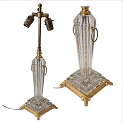 Antique Art Deco Design Table Lamp in Cut Crystal W/Gilded Base & Double Socket