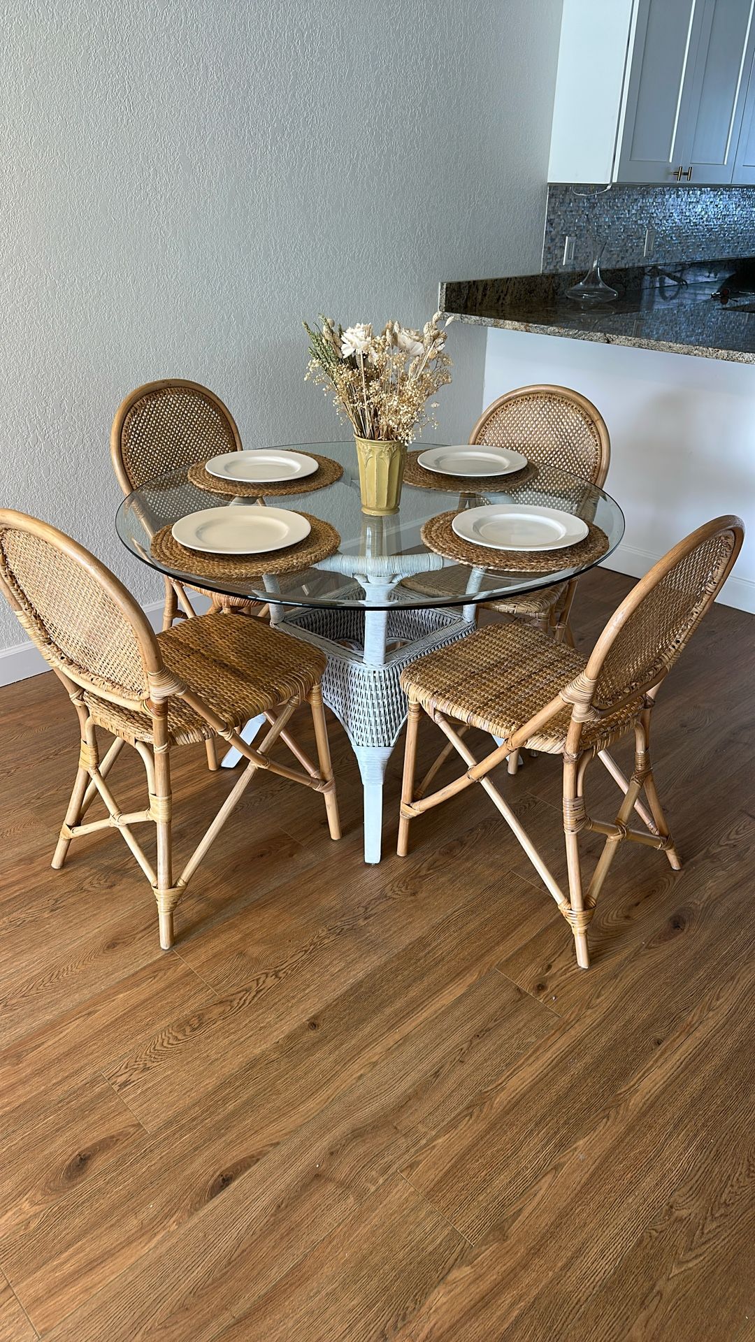 Glass top dining table with chairs