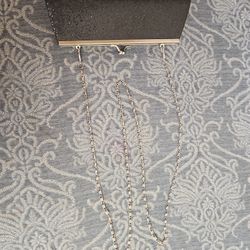 Beautiful Ladies PURSE Shiny Black With Long Silver Chain
