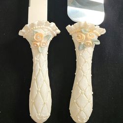 Gorgeous! Wedding Cake Knife & Server Stainless Steel Procalain/Ceramic Intricate Design