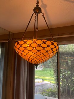Tiffany-Style Stained Glass Pendant Chandelier – 6-Light Inverted Bowl antique, vintage