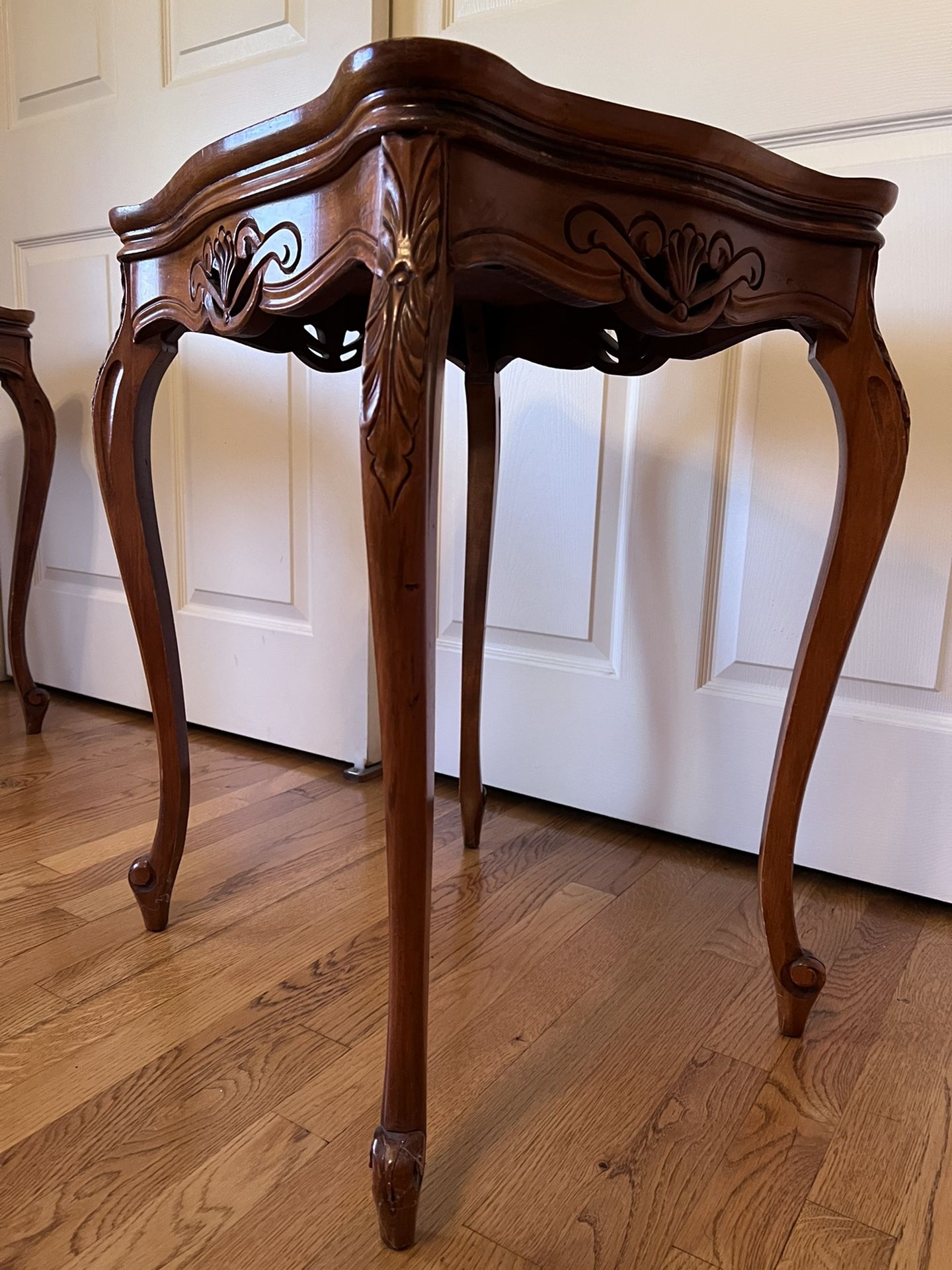 Inlaid matching end tables, lily floral design, mid century 50s 60s for