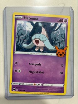Hatenna Pokémon card in sleeve.