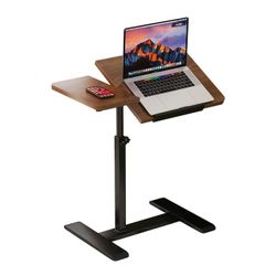 Height Adjustable Overbed Bedside Table with Wheels, Split Top Tilt, Mobile Laptop Desk Cart for Hospital Home Use, Walnut