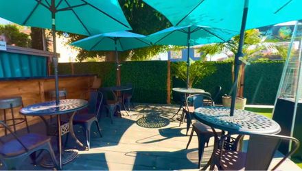 Outdoor middle patio table chair sets. ($150 EACH. 8 available).