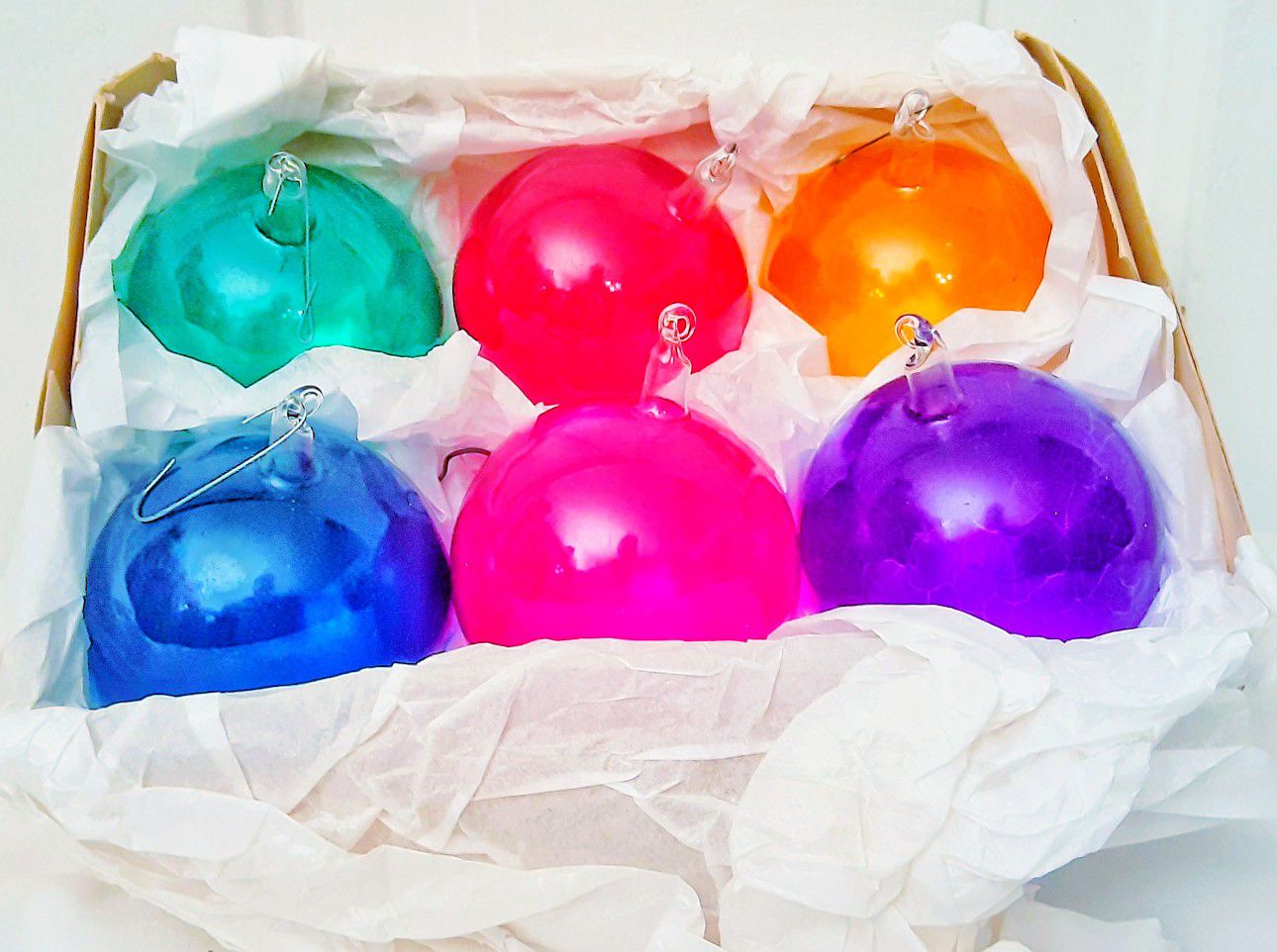 Vintage hand blown colorful clear vintage xmas christmas ornaments x 6 !