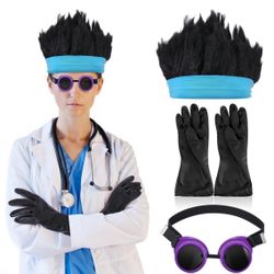 Jiuguva 4 Pcs Halloween Scientist Accessories Animated Lab Assistant Costume Black Goggles Long Gloves Blue Triangle Hat & DIY Antenna Twists for Hall