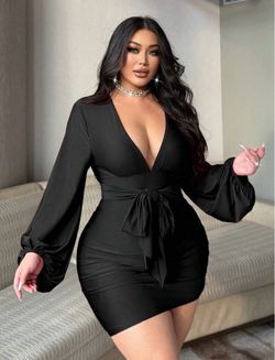 Black Deep V-Neck Dress with Tie Waist