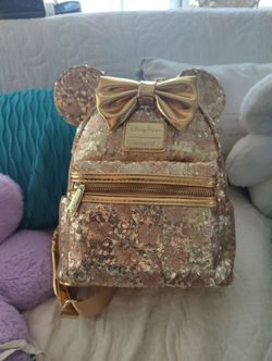 Loungefly Disney Parks Minnie Mouse Ears Gold Sequin Bow Mini Backpack. New