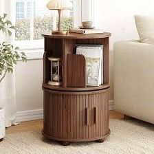 C487 $60  360° Rotating End Table, Round Fluted Side Tables with Storage, Walnut color  Mid Century Modern Nightstand with Sliding Doors & Bookshelf, 