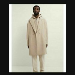 Zara Mens Double Breasted Coat Medium Sand Beige Brown