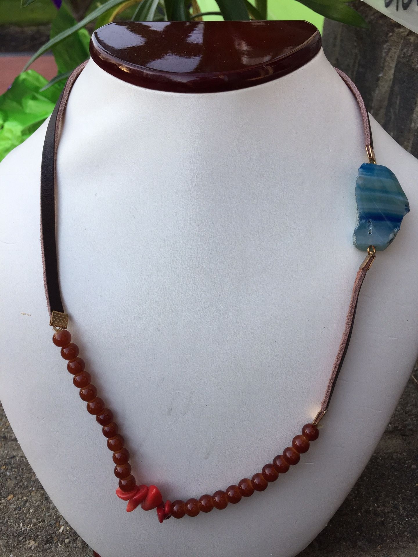 Blue & White Striped Lace Slab Agate & Coral Necklace