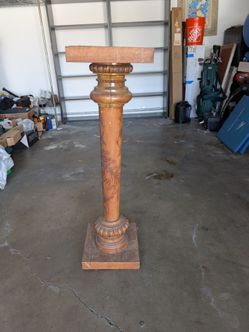 Wooden Pedestal Plant Stand – Carved Floral Design