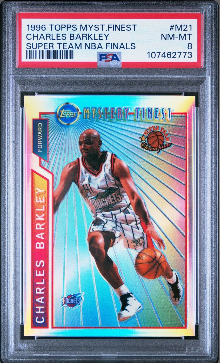 1996-97 Topps Mystery Finest #M21 Charles Barkley RARE REFRACTOR PARALLEL VERSION - GRADED PSA 8 NEAR MINT-MINT CONDITION✨