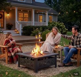 BRAND NEW 32” Square Outdoor Fire Pit w/ Spark Screen, Grate & Poker – $90 FIRM