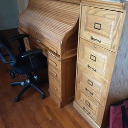 Solid Wood Rolltop Desk W/ Matching Filing Cabinet And Desk Chair