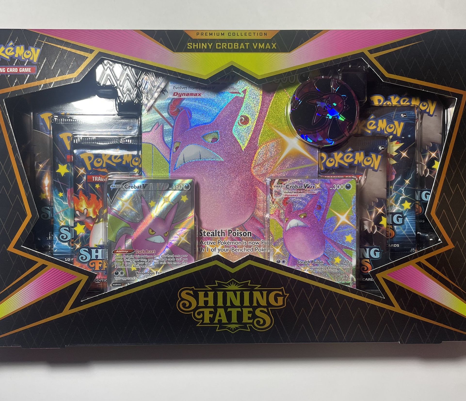 Sealed Pokemon TCG: SHINING FATES Shiny Crobat VMAX PREMIUM COLLECTION BOX | 7 Booster Packs, oversized and regular shiny Crobat VMAX card