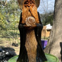 Vintage 1984 Steve Tunturi Hand Carved Wooden Wizard Sculpture Statue, Very Rare