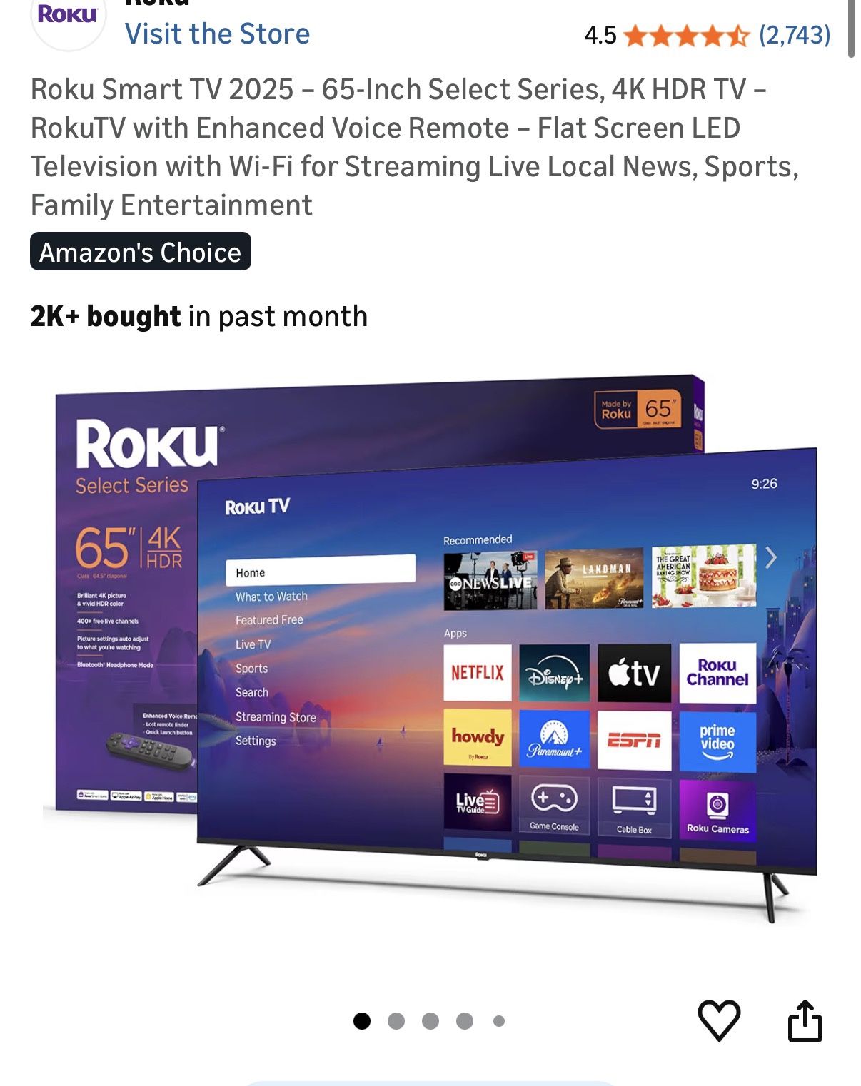 Roku Smart TV 2025 – 65-Inch Select Series, 4K HDR TV – RokuTV with Enhanced Voice Remote – Flat Scr