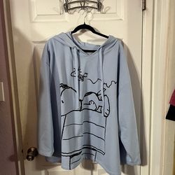 Women’s size 3X Peanuts Snoopy House Hooded Sweatshirt.  Color light blue.  Made of 60% Cotton and 40% Polyester.  Brand new never worn.