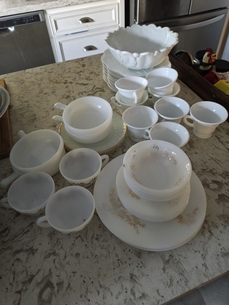 Pure White And White And Gold Plates, Saucers, Cups, Soup Bowls