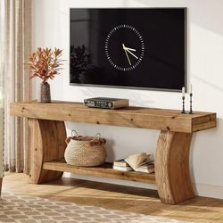 LD0070 63" Solid Wood TV Stand up to 75" TVs, Farmhouse TV Console, Low Entertainment Center with Storage for Living Room, Bedroom