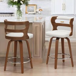 26 in. White Solid Wood Swivel Bar Stool Faux Leather Kitchen Counter Stool with Walnut Frame Set of 2