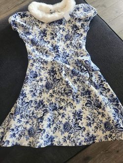 Janie & Jack Blue White Cream & Sugar Floral Faux Fur Collar Dress