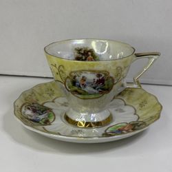 Vintage Lefton Hand Painted Portrait Iridescent Teacup & Saucer Japan #110 RARE