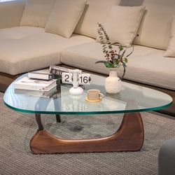 Mid-Century Coffee Table Triangle Glass Top Table and Solid Wooden Base Triangle Side End Table Easy Assemble,Dark Walnut