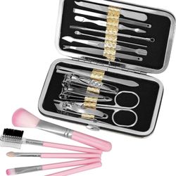 17Pcs Makeup Brush Kit and Manicure Kit, include Nail Manicure Pedicure Set for 12Pcs, 5 Brushes for Blush/Bronzer, Eye Shadow, Lip Liner, Eyebrow/Eye