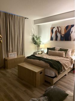 Modern Queen Bed Frame + 2 Matching Storage Benches – Excellent Condition