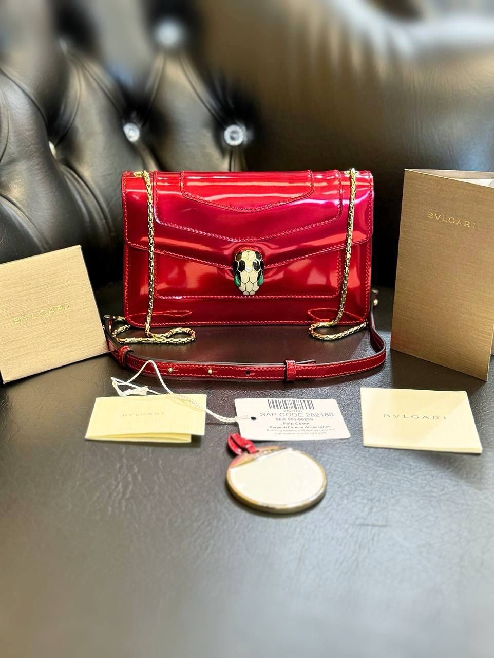 Bvlgari Serpenti Forever Square Crossbody Shoulder Bag Metallic Red Leather Small Tag& mirror