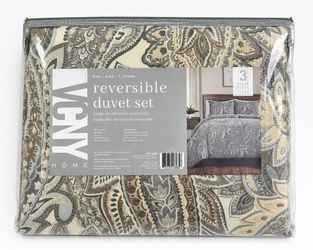 NEW VCNY Home King Reversible Paisley Duvet Cover Set 3 Piece Gray Bedding