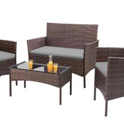 4 Piece Rattan Patio Furniture Set (Cushioned)