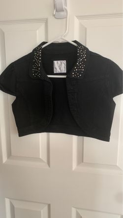 Girls black Jean vest with rhinestones on collar size 12/14